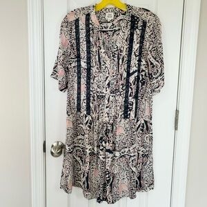 Anthropologie Tiny Petites Dress Button Up Navy Pink Short Sleeve Small Petite